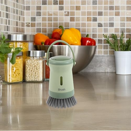 Gadpiparty Soap Dispensing Kitchen Dish Brush with Handle for Pot Pan Sink Cleaning, Non-Scratch Scrub Brush with Built-in Soap Dispenser, in Fresh Green