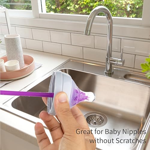 A-Brush Silicone Bottle Cleaner Brush, 2 Piece Set, Flexible, Long Handle - Water Bottle Cleaner, Baby Bottle Nipple Brush for Plastic & Glass, BPA-Free Dish Washing Brush A2S Protection - color: Green - Purple 2pk