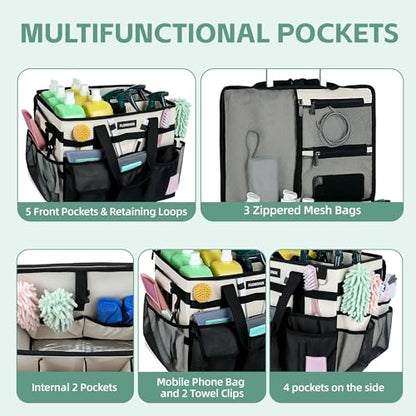 Large Rolling Cleaning Caddy Bag with Wheels, with Detachable Trolley, Cleaning Bags on Wheels for Housekeepers, Cleaning Cart Supplies Organizer for Home, Car, Picnic (Beige) - color: Beige