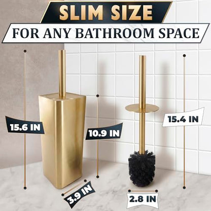 Gold Toilet Brush and Holder Set - Instantly Elevate Your Bathroom Style - Stainless Steel Toilet Bowl Brush and Holder with 2 Rounded Corners, Replaceable Head, Removable Inner Bowl & Splash Guard - color: Gold Squircle