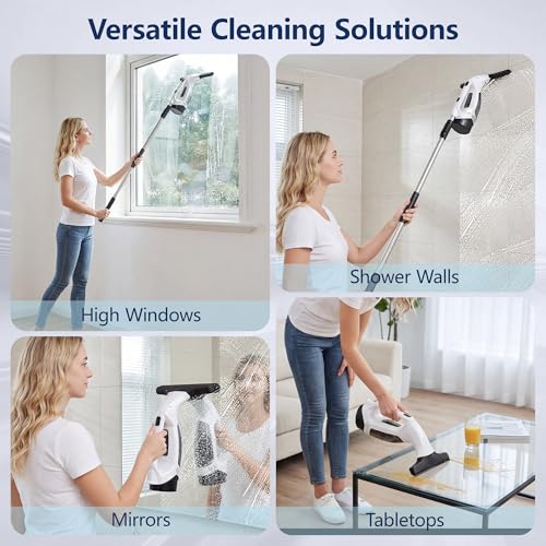 Window Vacuum Squeegee with Extendable Pole 31-40", 2000Pa Electric Window Cleaning Tool with 2200mAh and 150ml Dirty Water Tank, Long Handle Squeegee for Shower Glass, Window Cleaning