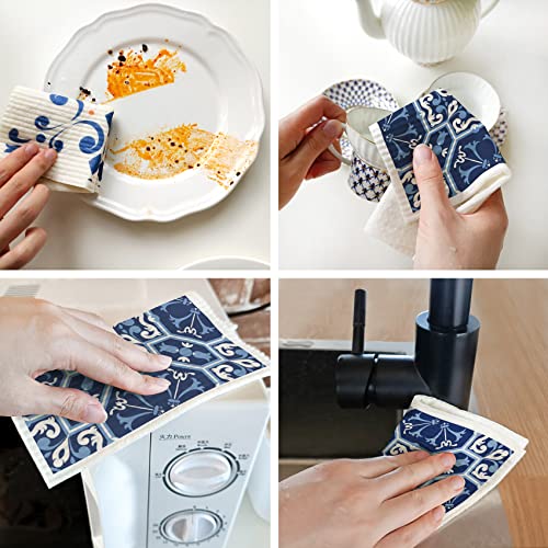 Swedish Dish Clothes Pack of 6, Reusable, Absorbent Hand Towels for Kitchen, Bathroom and Cleaning Counters - Blue Cellulose Sponge Cloth - color: Blue