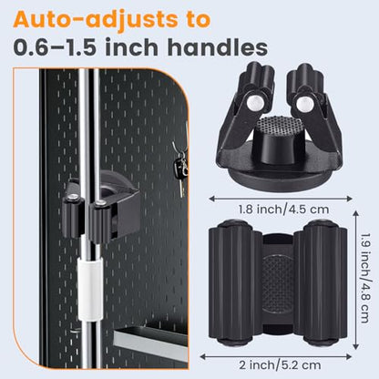 4 Pack Strong Magnetic Broom Holder, No Drill Heavy Duty Mop and Tool Organizer with Anti-Slip Rubber Grippers, Movable Wall Mounted Storage Rack for Kitchen, Garage, Garden, RV and Laundry, Black