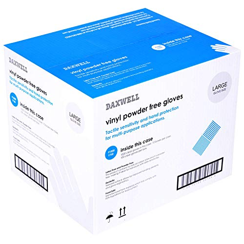 Daxwell Vinyl Gloves, Powder Free, Large, Clear, F10001750 (Case of 1,000, 10 Boxes of 100) - size: Large