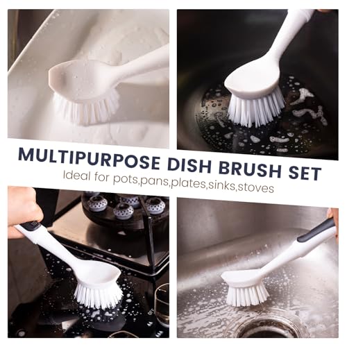 Dish Brush with Handle, Dish Scrub Brush with Built-in Scraper, Nylon Dish Scrubber, Kitchen Brushes for Dishes,Pots, Pans and Sinks 2 Pack