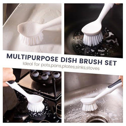 Dish Brush with Handle, Dish Scrub Brush with Built-in Scraper, Nylon Dish Scrubber, Kitchen Brushes for Dishes,Pots, Pans and Sinks 2 Pack