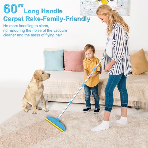 Carpet Rake for Dog Hair Remover: 2 in 1 Reusable Pet Hair Remover – 60‘’ Adjustable Long Handle Carpet Removal Tool for Dog Cat Human Hair – Carpet Scrape Cleaning for Rug Couch Bed