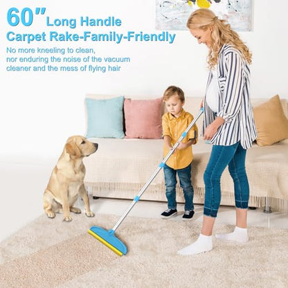 Carpet Rake for Dog Hair Remover: 2 in 1 Reusable Pet Hair Remover – 60‘’ Adjustable Long Handle Carpet Removal Tool for Dog Cat Human Hair – Carpet Scrape Cleaning for Rug Couch Bed