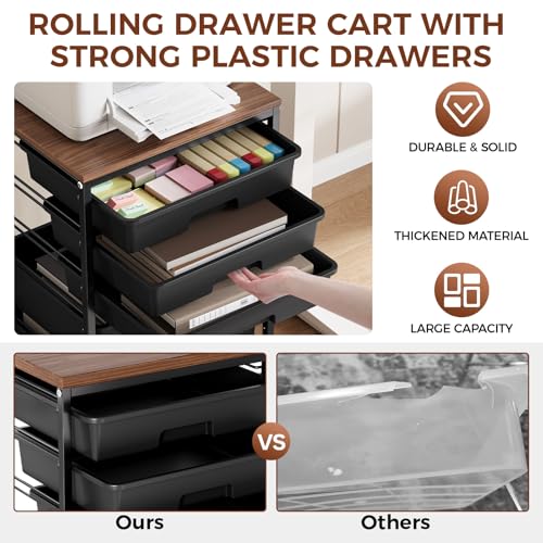 SYKIARIOL 5-Tier Rolling Utility Storage Drawer Craft Cart on Wheels with Wooden Tabletop, Mobile Craft Storage Drawer Cart Trolley for Home Office, Classroom, Craft Room & Kid Room, Black - color: Black