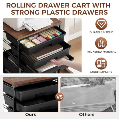 SYKIARIOL 5-Tier Rolling Utility Storage Drawer Craft Cart on Wheels with Wooden Tabletop, Mobile Craft Storage Drawer Cart Trolley for Home Office, Classroom, Craft Room & Kid Room, Black - color: Black