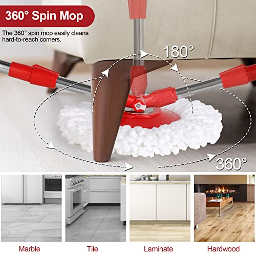 Spin Mop and Bucket with Wringer Set, 360° Spinning Mop Bucket System with 3 Microfiber Mop Replacement Heads and 61" Stainless Steel Adjustable Handle for Floor Cleaning (20QT) - color: Red