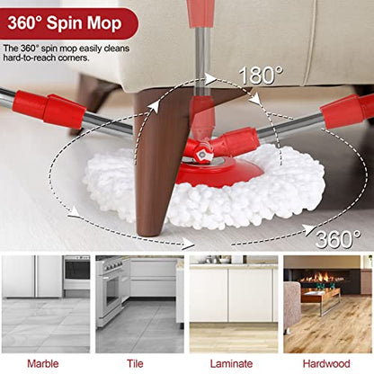 Spin Mop and Bucket with Wringer Set, 360° Spinning Mop Bucket System with 3 Microfiber Mop Replacement Heads and 61" Stainless Steel Adjustable Handle for Floor Cleaning (20QT) - color: Red