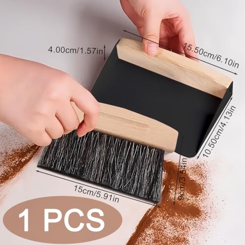 Compact Dustpan and Brush Set, Mini Wooden Sweeper for Home, Desk, Couch, and Pet Care (Black)