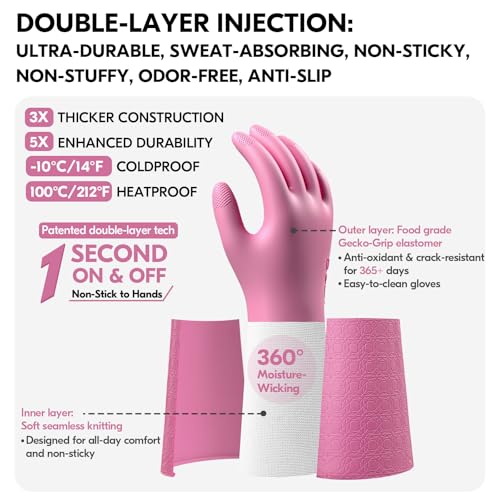 Vgo... Household Cleaning Gloves,Double-layer,Lined Dishwashing Gloves,Long Sleeves for Kitchen,Bathroom Cleaning(TP1117) - color: Pink, size: X-Large(Pack of 1)