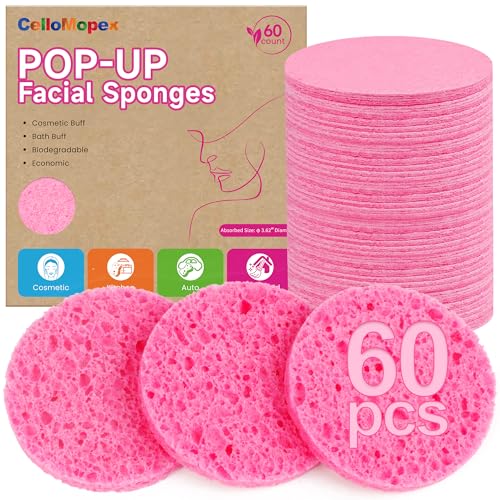 3.15in Large Compressed Facial Sponges 60 Pcs, 100% Natural Cellulose Face Sponges for Cleansing, Gentle Exfoliating, Makeup & Mask Removal, Spa Skincare, Travel Essentials for Women (Pink, Reusable) - color: Pink
