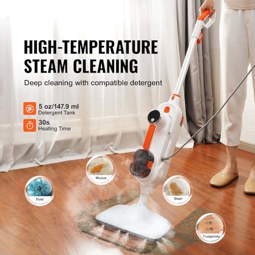 Steam Mop, 8-in-1 Hard Wood Floor Cleaner with 7 Replaceable Brush Heads, for Various Hard Floors, Like Ceramic, Granite, Marble, Linoleum, Natural Floor Mop with 2 pcs Machine Washable Pads