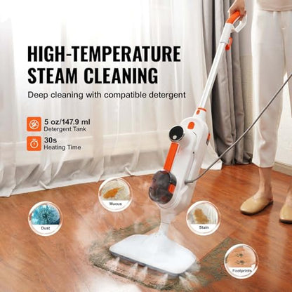 Steam Mop, 8-in-1 Hard Wood Floor Cleaner with 7 Replaceable Brush Heads, for Various Hard Floors, Like Ceramic, Granite, Marble, Linoleum, Natural Floor Mop with 2 pcs Machine Washable Pads