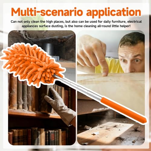 Extendable Microfiber Duster, Telescoping Dusting Brush for Home and Car Cleaning, Adjustable Length, Soft and Flexible - color: Elongated Orange