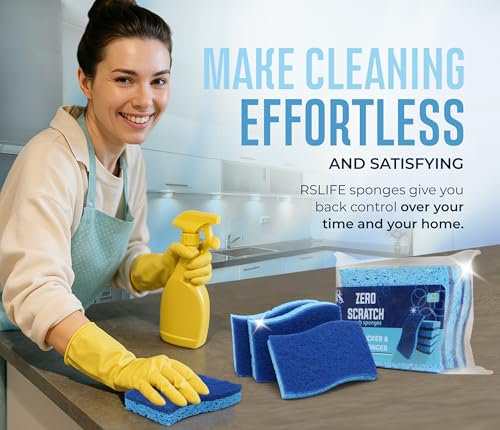 Blue Scrub Sponges Pack of 6 – Dual-Sided Kitchen Sponges for Cleaning – Non Scratch for Dishes, Bathroom, Surfaces – Durable Dishwashing Sponge
