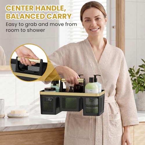 BYUNER Portable Cleaning & Shower Caddy with Handle: Rigid Plastic Basket with 4 Divided Compartments, All-Side Drainage for College Dorm, Bathroom & Utility Use, Black/Gold - color: Black/Gold