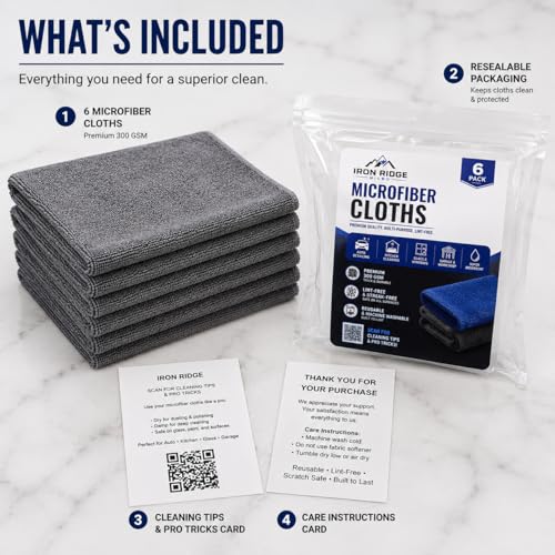 Iron Ridge Microfiber Cleaning Cloths 6-Pack, Gray, 12x12, 300 GSM | Reusable, streak-free performance for glass, kitchens, vehicles, electronics, workspaces, and everyday tasks - color: Gray