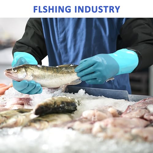 27" Full Arm Pond Gloves, Long Heavy Duty Gloves with Cotton Lining, Waterproof Rubber Chemical Resistant Glove - color: Blue