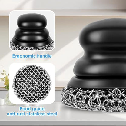 Cast Iron Scrubber (2 × Black Coarse Mesh) and and Scraper, Chain Mail Scrubber for Cleaning Stock Pots, Pans, Griddles, Grills, Cast Iron Skillets, Dish Scouring Pads - color: 2 × Black Coarse Mesh