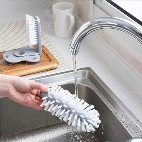 Bar Glass Washer Glass Cleaning Brush with Suction Base 360-Degree Triple Head Design Bottle and Cup Scrubber for Kitchen Sink (Light Gray)