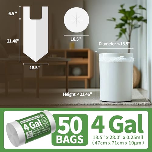 Small Trash Bags with Handles - Ocean Plastic Upcycling - Plastic Garbage Bags, Can Bin & Waste Basket Liner for Kitchen, Bathroom, Office and Pets,4 Gallon 50 Count White - color: 4Gal White, size: 1 ROLL