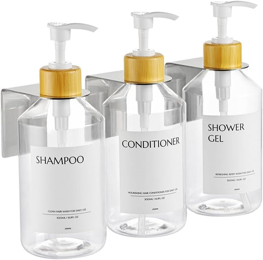 Shampoo and Conditioner Dispenser Set of 3 for Wall Mount,16.9 fl oz Drill Free Shower Soap Bottles with Labels,Refillable Body Wash Dispensers for Bathroom Decor (Clear Bottles+Bamboo Pumps) - color: Clear Bottles+bamboo Pumps