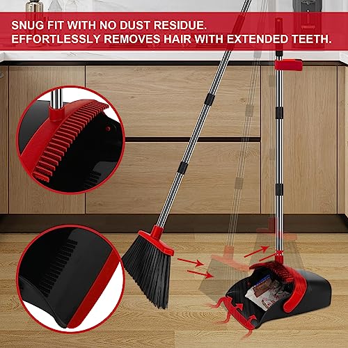 Broom and Dustpan Set, Heavy Duty Large Household Broom with Dustpan Combo Set, 55 Inch Long Handle, Red Dust Pan Combo Set for Home