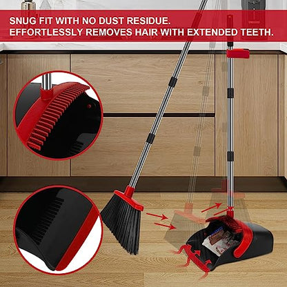 Broom and Dustpan Set, Heavy Duty Large Household Broom with Dustpan Combo Set, 55 Inch Long Handle, Red Dust Pan Combo Set for Home