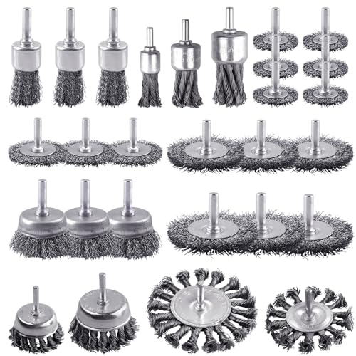 Rocaris 28 Pack Wire Wheel Brush, Carbon Steel & Twist Knot Cup Brush, Wheel Brush, Pen Brush Set with 1/4-Inch Round Shank for Rust Removal, Corrosion and Scrub Surfaces, Grey