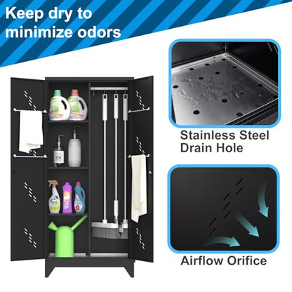 VASAAOSD 71" Broom Closet Cabinet with Hanging Rod, Tall Black Metal Storage Cabinet for Bathroom, Utility Room, and Garage - color: 71"h Black