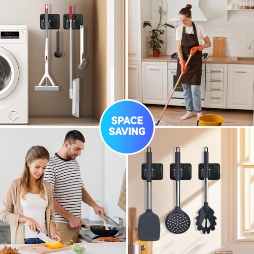 JAMEND CLXP 2-Pack Broom Holder with Heavy Duty Hooks, Upgraded Stainless Steel Mop Hanger. Wall Mount Utility Tool Rack for Kitchen Garden Laundry Garage. Matte Black.