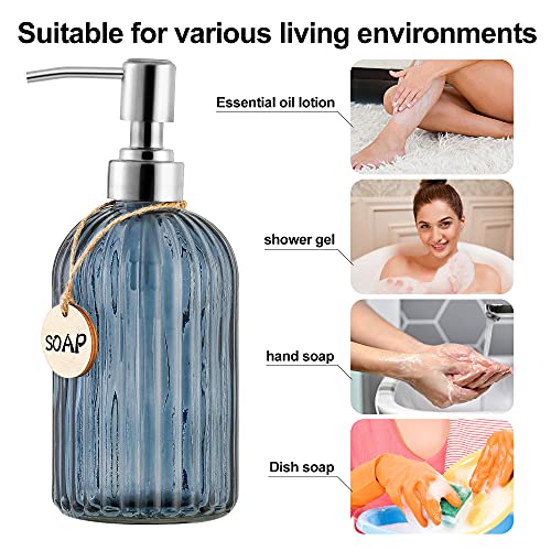 MOCLIF 16 OZ Soap Dispenser，Tempered Glass Clear Vertical Stripe with 304 Rust Proof Stainless Steel Pump Refillable Liquid Hand Soap Dispenser，for Bathroom, Kitchen, Dish Soap，Lotion (Blue Grey) - color: Blue Grey