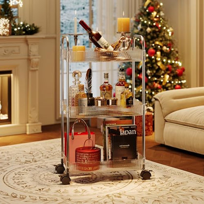 STARLATTA 3 Tier Rolling Cart with Lockable Wheels, Clear Acrylic Utility Trolley with Handle, Heavy-Duty Storage Organizer for Kitchen Bathroom Nursery Laundry - Snack Book Craft Organizer (Clear)