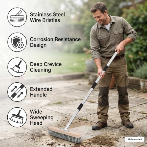 Stainless Steel Wire Scrub Brush with Long Handle, Heavy Duty Floor Scrubber Brush, Moss Remover Wire Broom for Deck, Rough Surface, Concrete Floor, Patio, Garden, Garage