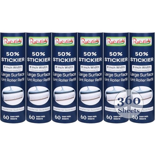 50% Stickier Large Surface Lint Roller Refill for Scotch-Brite Pet Hair Pickup Extra Sticky Large Lint Roller 8 inch Replacement Refills 6 Rolls, 60 Sheets per Refill, 360 Sheets Total - size: 6 Pack/360 Sheets