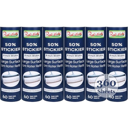 50% Stickier Large Surface Lint Roller Refill for Scotch-Brite Pet Hair Pickup Extra Sticky Large Lint Roller 8 inch Replacement Refills 6 Rolls, 60 Sheets per Refill, 360 Sheets Total - size: 6 Pack/360 Sheets