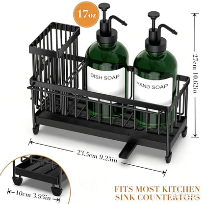 Kitchen Soap Dispenser Set with Sponge Holder and Towel Rack, 17OZ Glass Bottle, Hand and Dish Soap Dispenser Set, Non-Slip Silicone Pad, Brush Holder, Kitchen Sink Caddy Organizer Countertop (Green) - color: Green