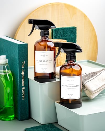 Vine Creations Amber Glass Spray Bottles, 2 Pack Glass Refillable Bottles for Cleaning solutions, 16 oz Spray Bottle for Cleaning, Mister Spray Bottle, Amber Spray Bottles with Waterproof Labels - color: Amber Bottle / Black Nozzle