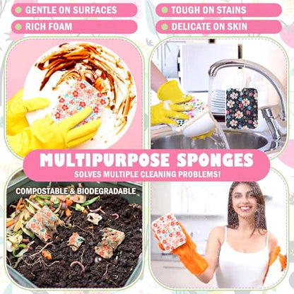 Hahafelt 36 Counts Compressed Cellulose Sponges Bulk Craft Pop up Floral Pattern Natural Kitchen Compostable Non Scratch Dish Sponges for Washing Dishes, Cleaning Countertop Sink - style: Floral