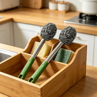 2PCS Steel Wool Scrubber with Handle Rustproof, Cast Iron Scrubber, Stubborn Messes Pot Brush, Remove Dirt for Cleaning Stoves,Sinks Dishes Grills Bowls & Metal Wire Sponge for Kitchens - color: Green