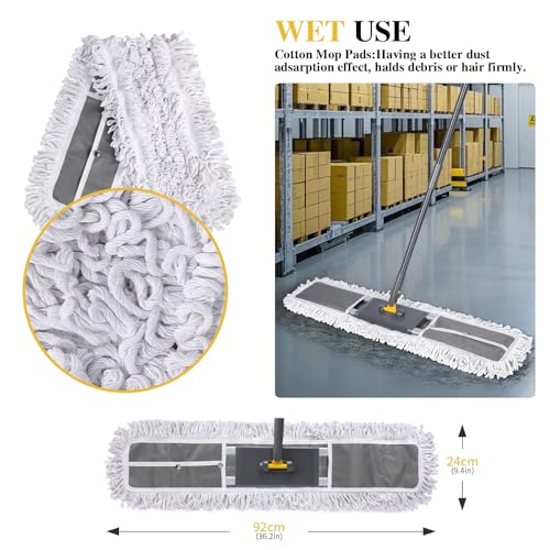Masthome 36" Commercial Mop, Heavy Duty Industrial Floor Mop with 2 Microfiber Pads, 60" Adjustable Large Dust Mop,Wet Dry Flat Mops for Office Garage Warehouse Factory Mall - color: Grey Large