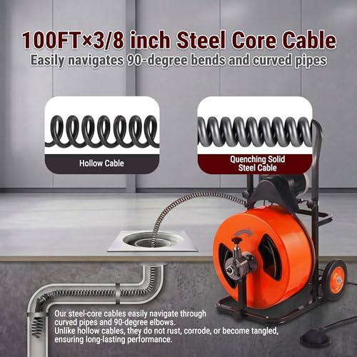 Drain Cleaner Machine, 100FT 3/8 Inch Upgraded Electric Feed Sewer Snake, Wheeled Telescopic Portable Drain Cleaner with 4 Cutters & Air-Activated Foot Switch for 2" to 4" Pipes - style: 100FT x 3/8inch