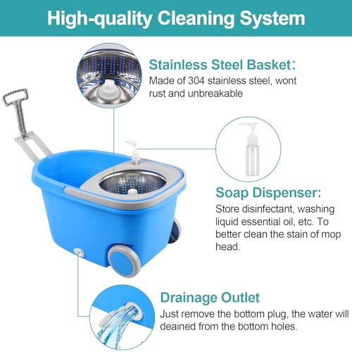 Spin Mop and Bucket with Wringer Set On Wheels, 360° Spinning Mop Bucket System with 3 Microfiber Replacement Heads, 61" Stainless Steel Extended Handle for Floor Cleaning Black/Red (25QT) (Blue) - color: Blue