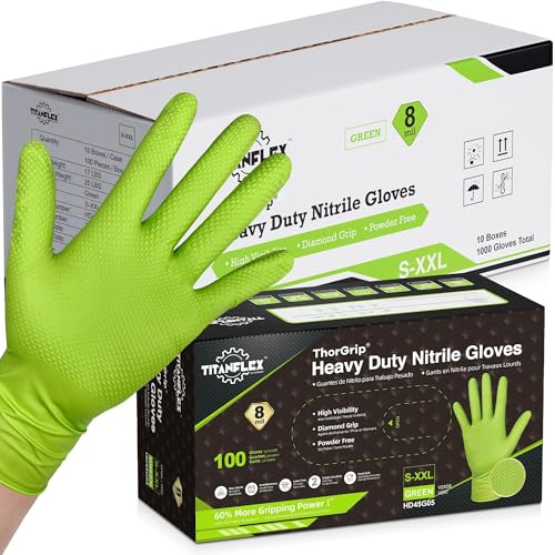 TitanFlex Heavy Duty Industrial Nitrile Gloves with Raised Diamond Texture, 8-mil, Latex Free (Green/Dark Green/Yellow) - color: 03 Green (1000ct), size: Small