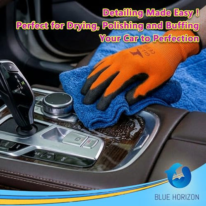 Microfiber Fingers Dusting & Cleaning Mitt and Large Towel Set, Machine Washable, Highly Absorbent Car Detailing Cleaner for Drying, Washing and Wax Polishing (1 Green Mitt, 1 Blue Towel)