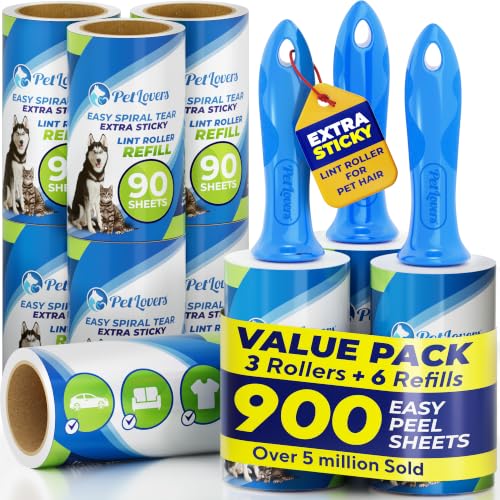 PetLovers Extra Sticky Lint Roller Mega Value Set 900 Sheets for Pet Hair Removal and Clothes, Dog and Cat Lint Remover, 10 Pack - size: 10 Pack